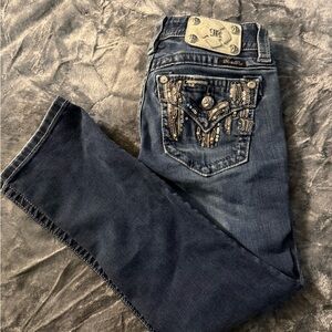 Miss Me Dark Blue Cropped Jeans with Embellished Pockets